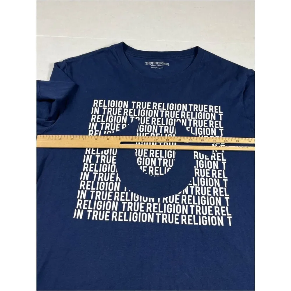 True Religion Mens Blue Budda Logo T-Shirt Casual Graphic Print Streetwear Tee M